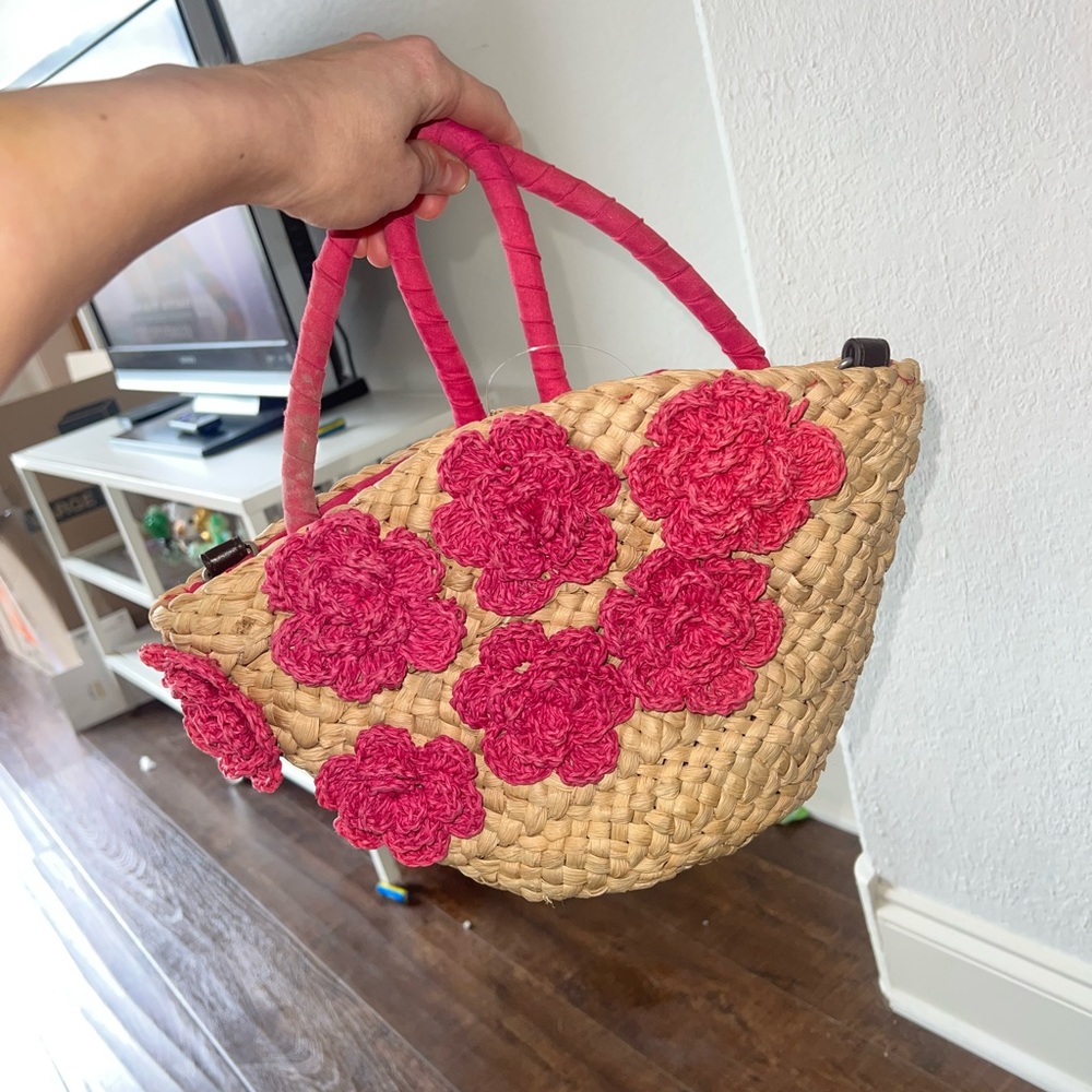 Pink Flower Straw Mini Bag